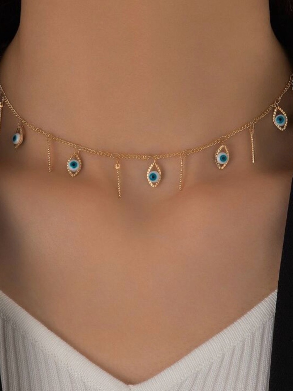 Gold Evil Eye Charm Choker Necklace with Blue Accents